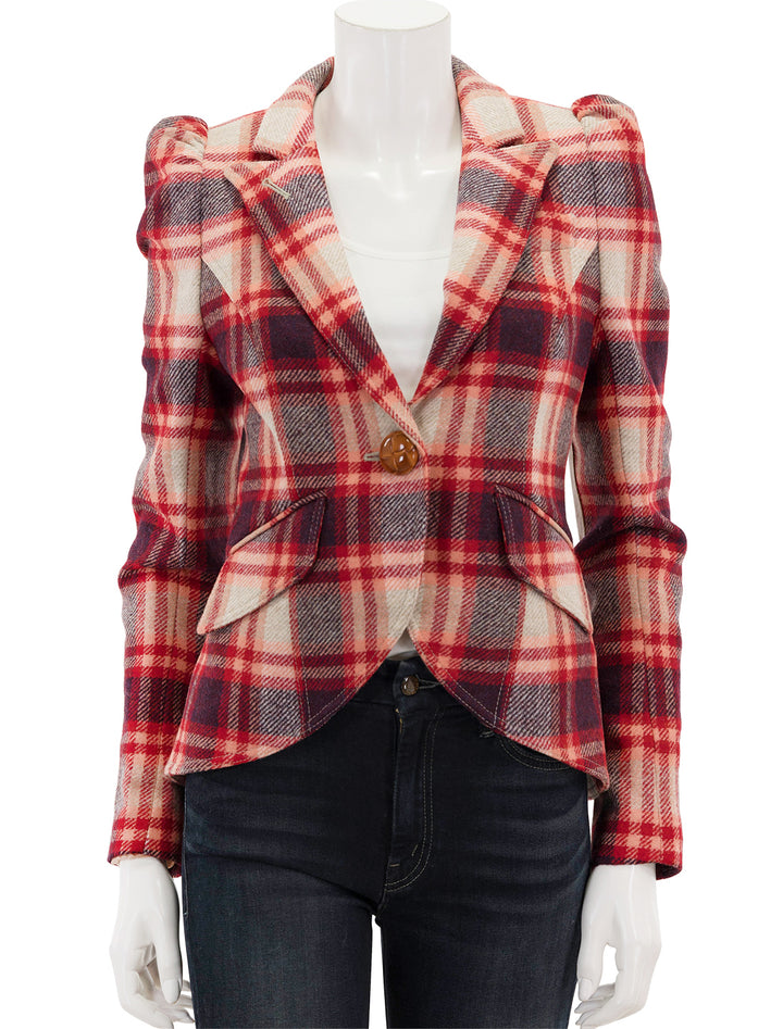 Front view of Smythe's pouf sleeve one button blazer in carrmine plaid, buttoned.