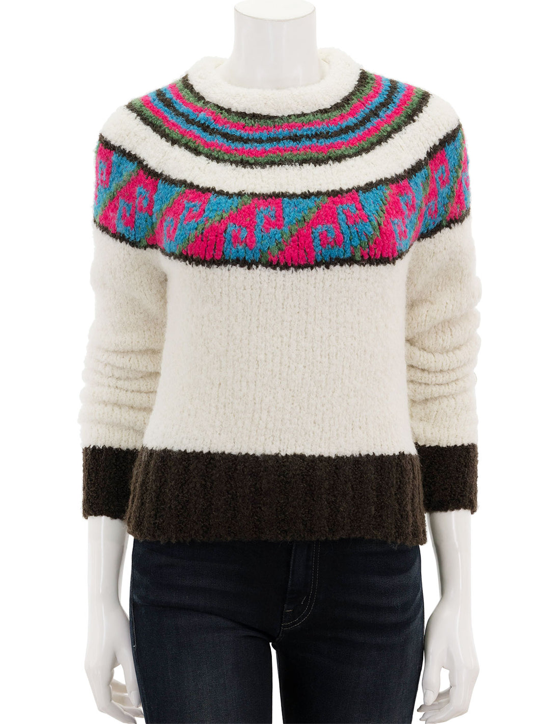 Front view of Smythe's lopi sweater in birch multi.