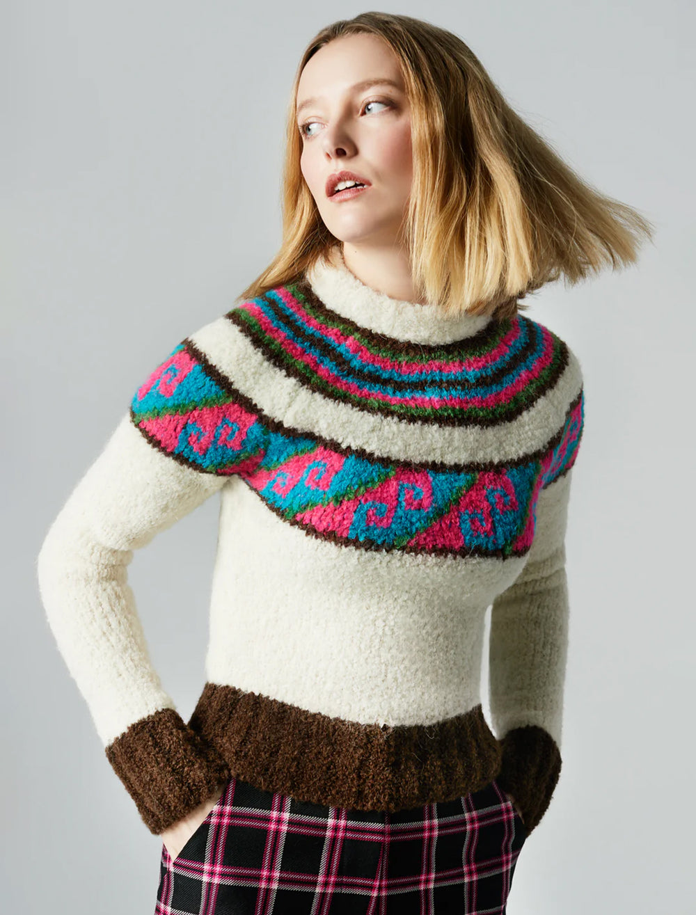 Model wearing Smythe's lopi sweater in birch multi.