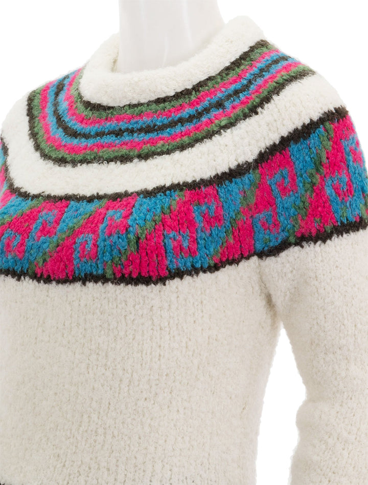 Close-up view of Smythe's lopi sweater in birch multi.