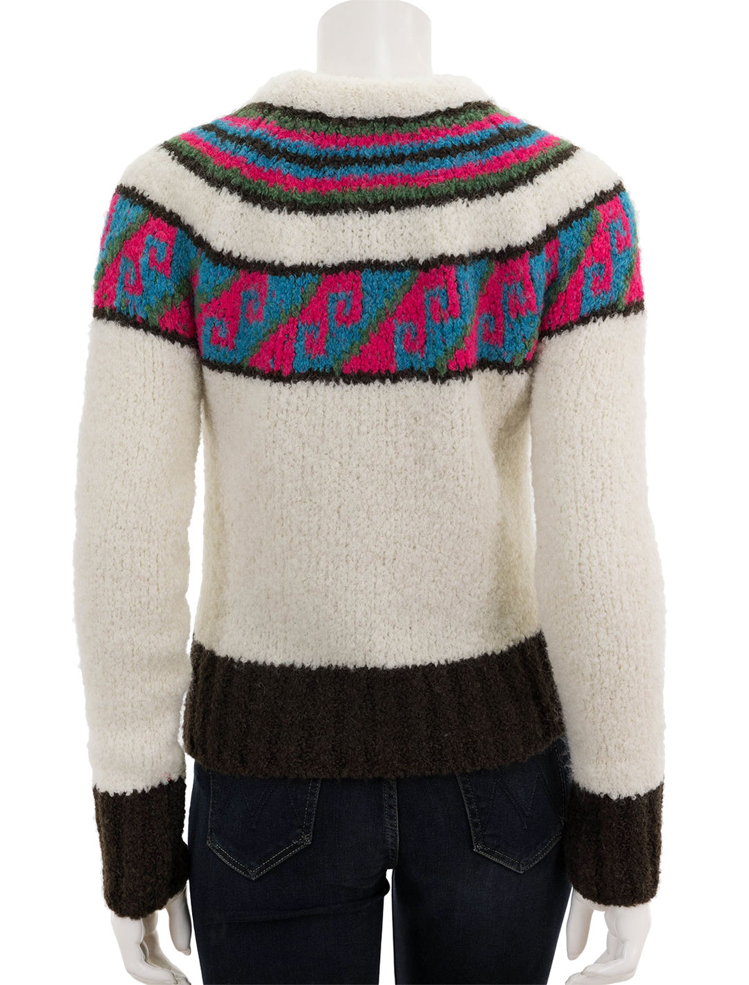 Back view of Smythe's lopi sweater in birch multi.