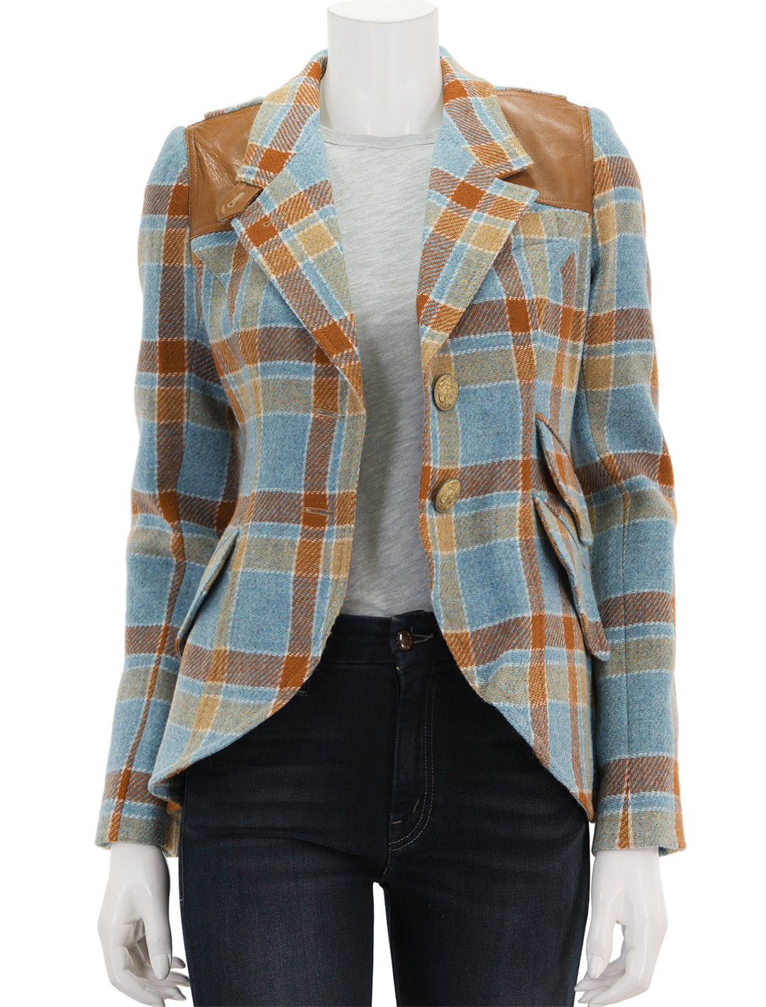 Front view of Smythe's hunting blazer in blue and rust plaid, unbuttoned.