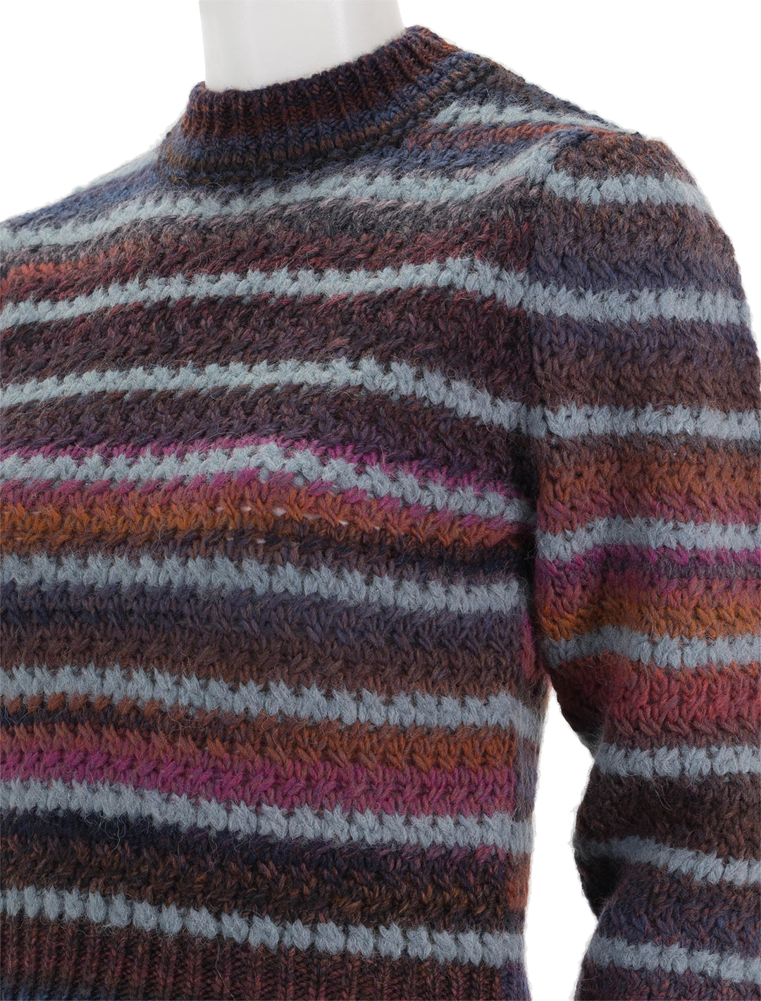 Close-up view of Sessun's kaly sweater in plum stripe.