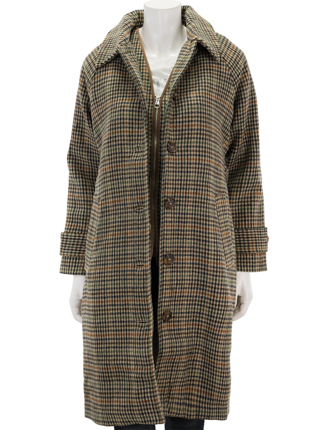 Front view of Suncoo Paris' Evan Coat in Taupe Check, unbuttoned.