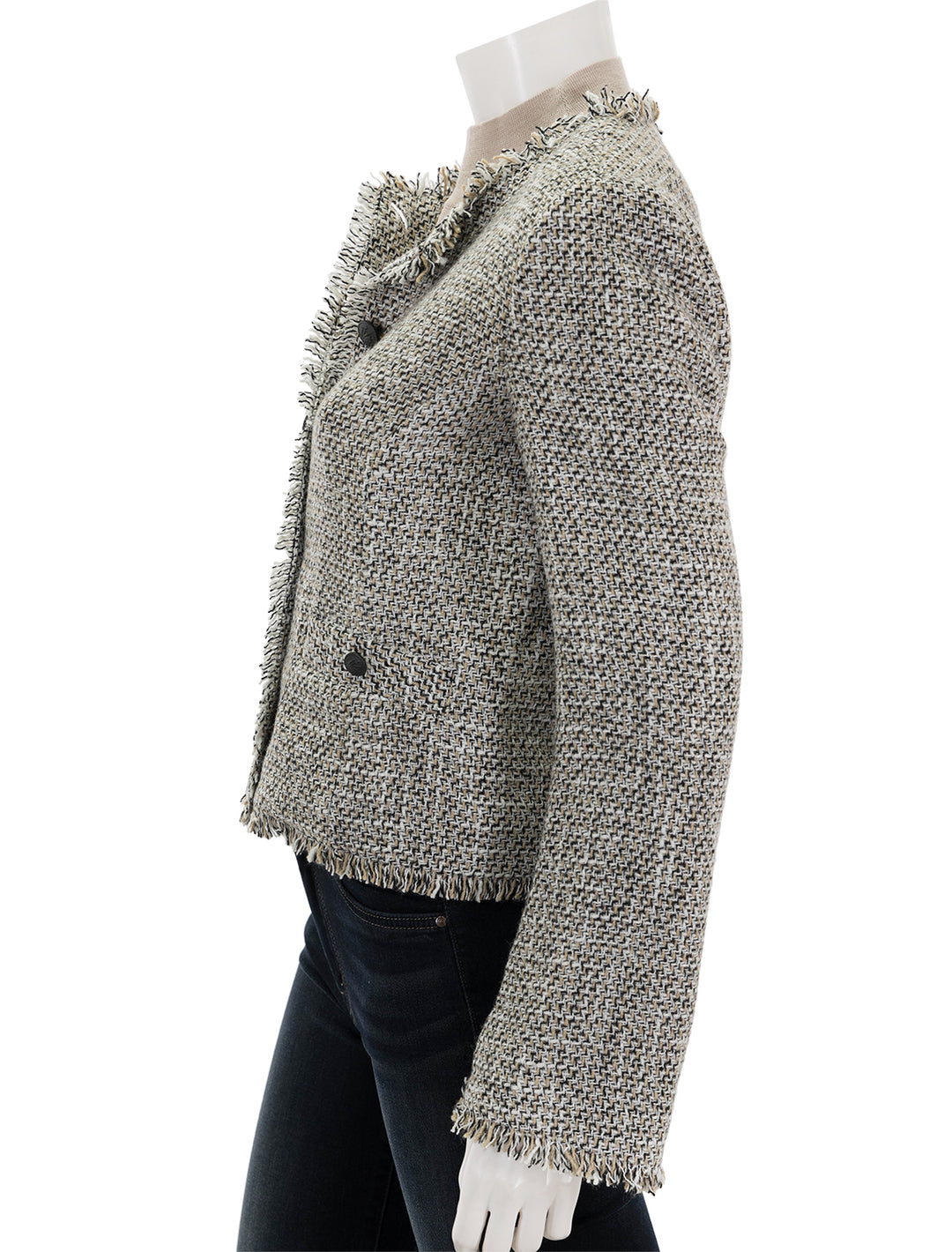 Side view of Rag & Bone's carmen tweed jacket.