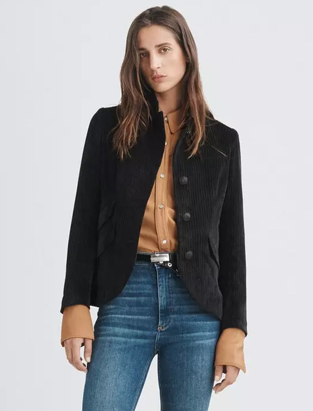 Model wearing Rag & Bone's slade cord blazer in black.