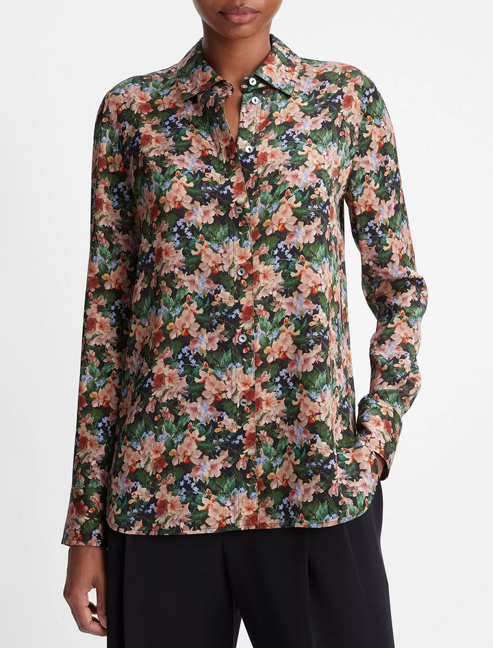 Model wearing Vince's wild primrose slim fitted blouse.