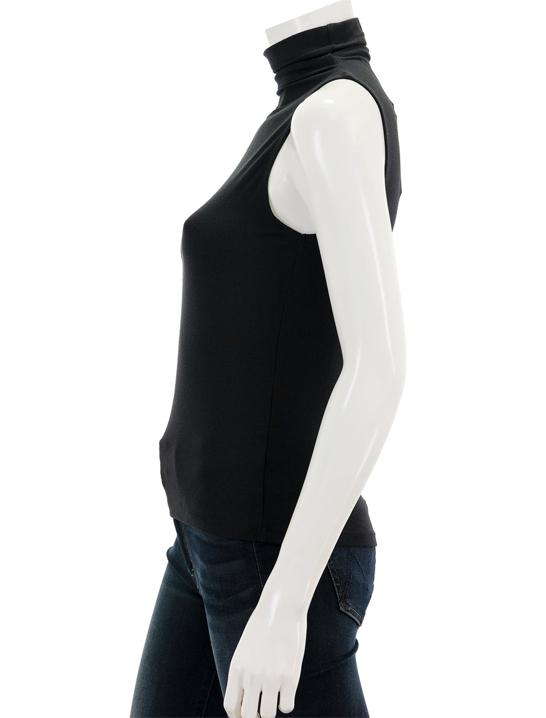 Side view of Vince's black sleeveless turtleneck.