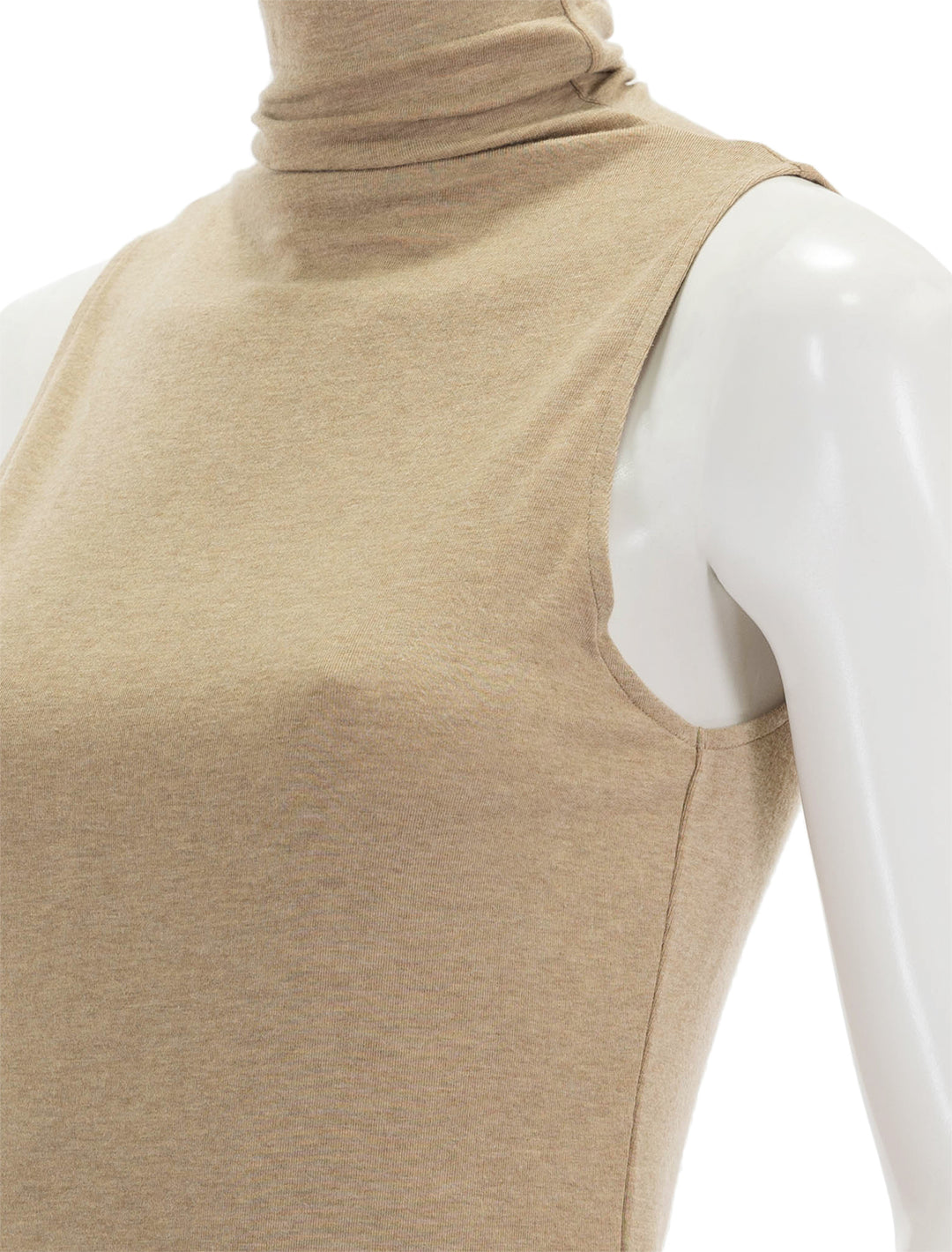 Close-up view of Vince's sleeveless turtleneck in cashew.