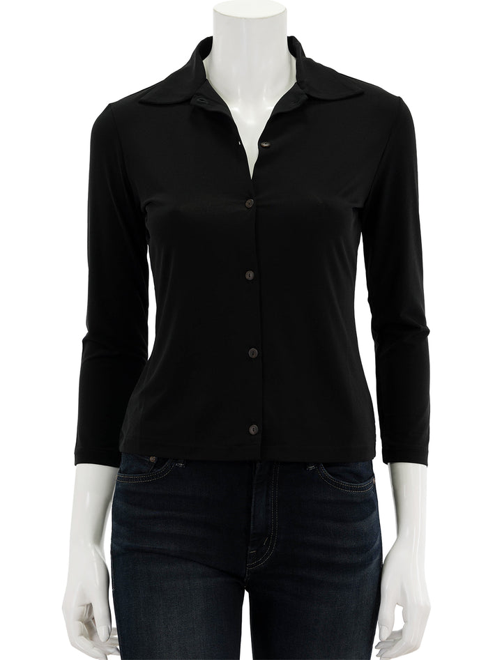Front view of Vince's 3/4 sleeve button up shirt in black.