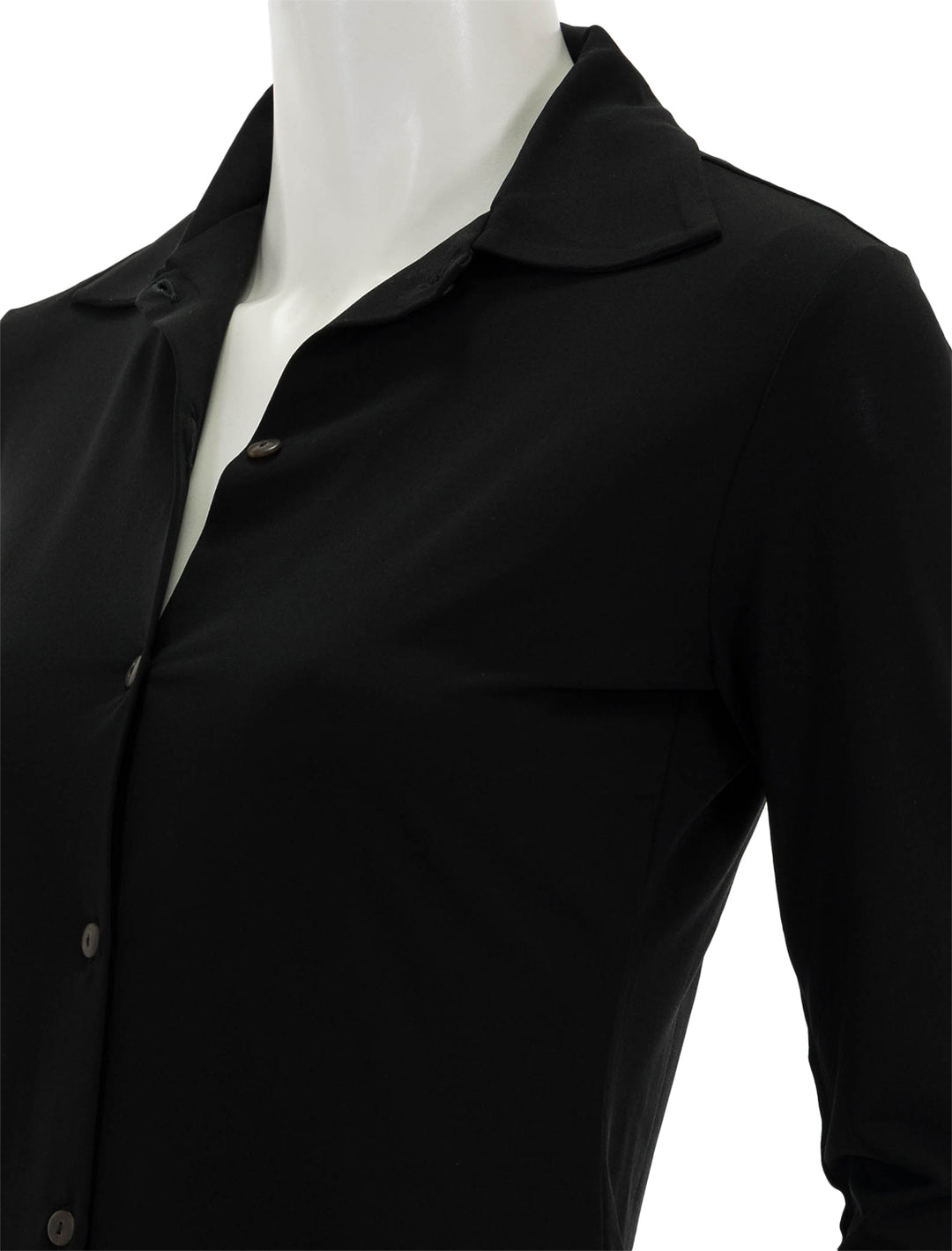 Close-up view of Vince's 3/4 sleeve button up shirt in black.