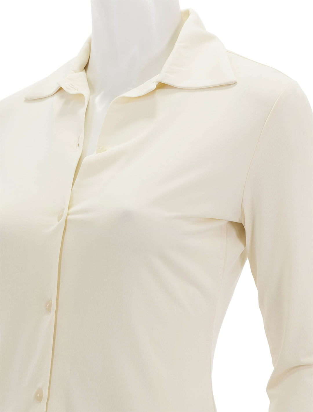 Close-up view of Vince's 3/4 sleeve button up shirt in sun stone.