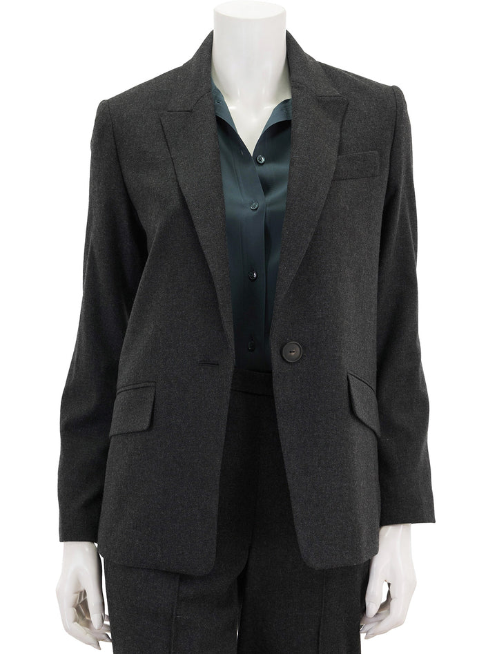 Front view of Vince's charcoal single breasted blazer, unbuttoned.