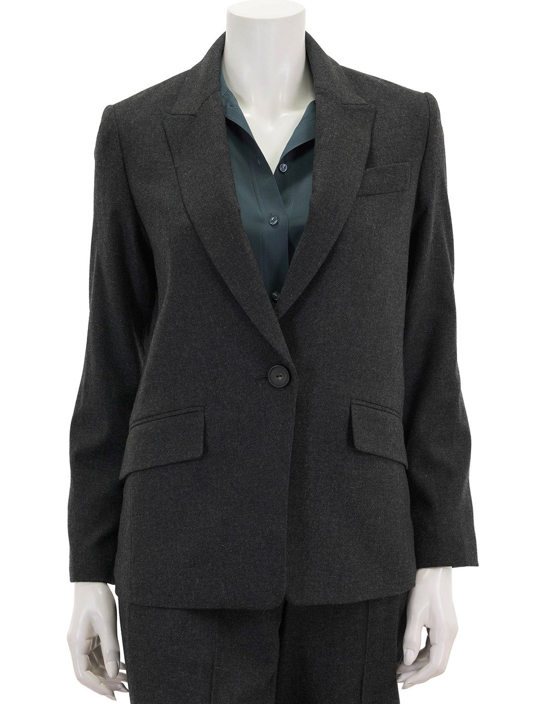 Front view of Vince's charcoal single breasted blazer, buttoned.