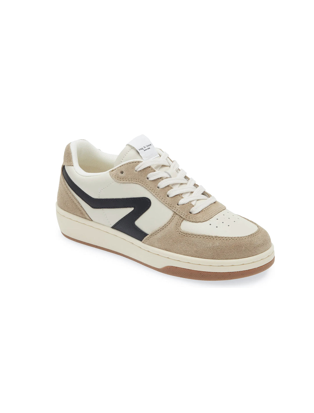 Front angle view of Rag & Bone's retro court sneaker in dove and sand.