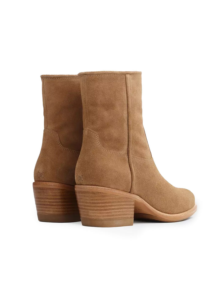 Back angle view of Rag & Bone's mustang boot in camel suede.