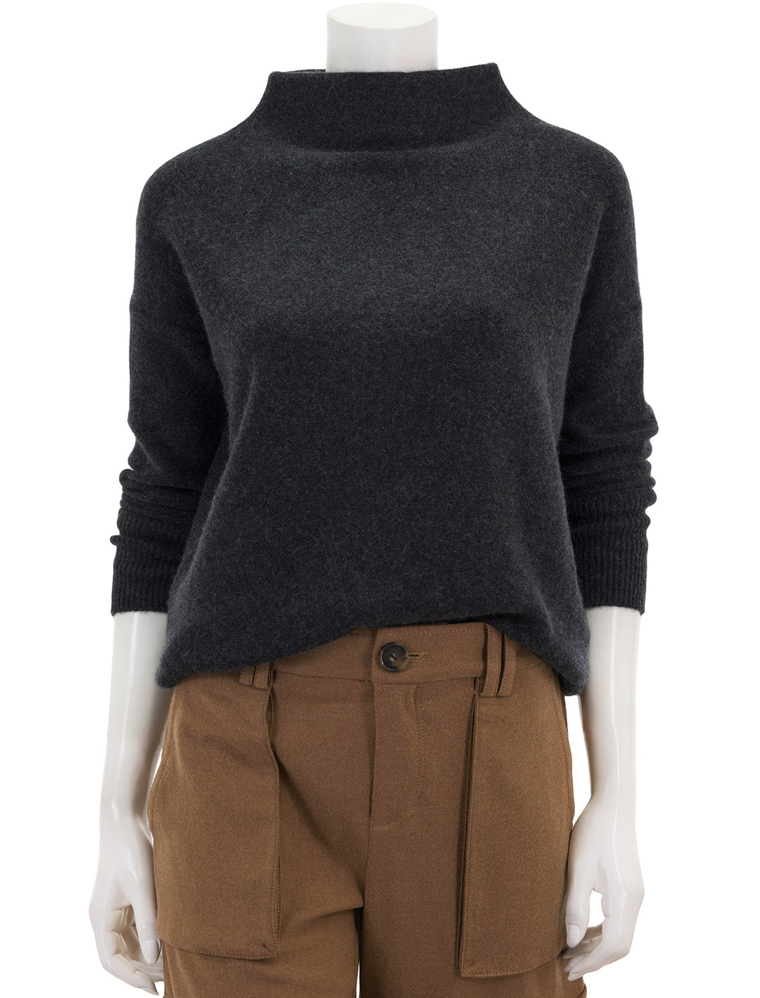 Front view of Vince's funnel neck sweater in charcoal.