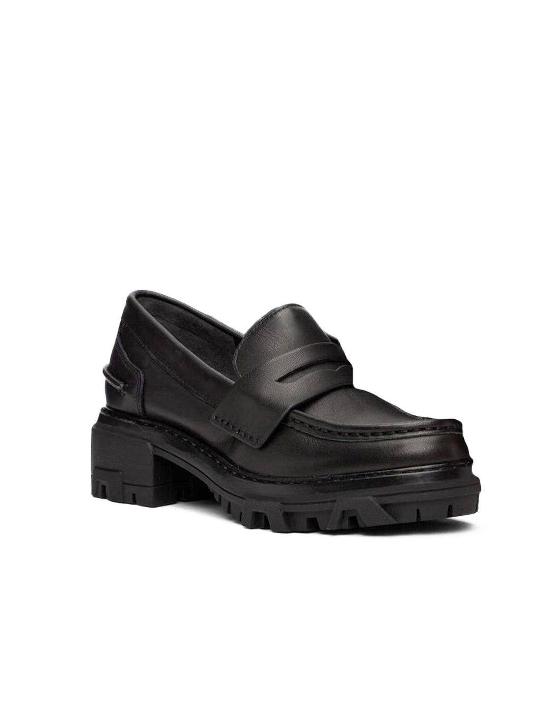 Front angle view of Rag & Bone's shiloh loafer in black.