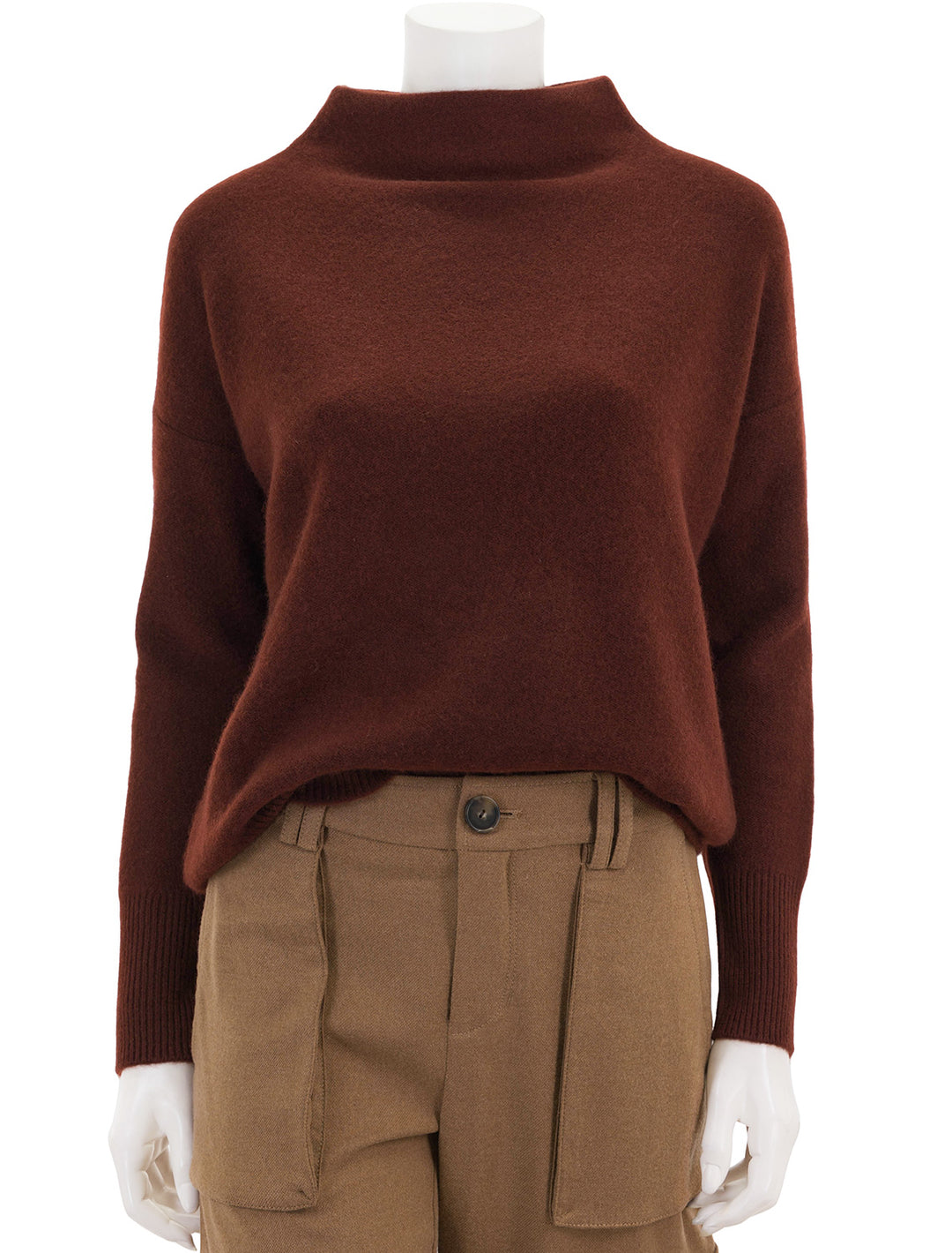 Front view of Vince's funnel neck pullover in cinnamon stick.