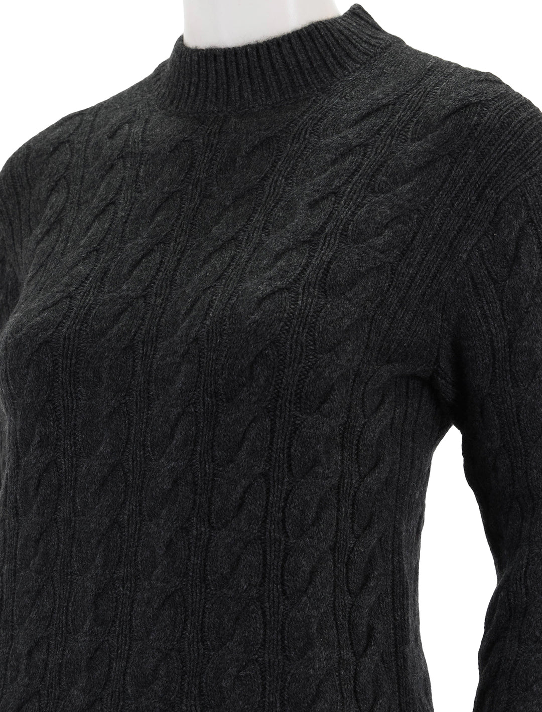 Close-up view of Vince's twist cable cropped crew sweater in charcoal.