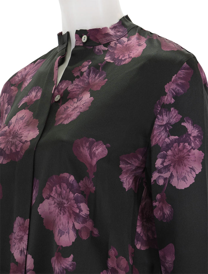 Close-up view of Vince's begonia band collar blouse in wine.