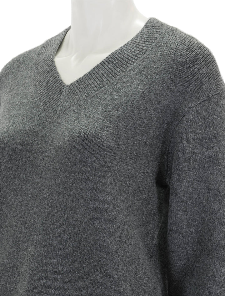 Close-up view of Vince's drop shoulder vneck pullover in heather flint.