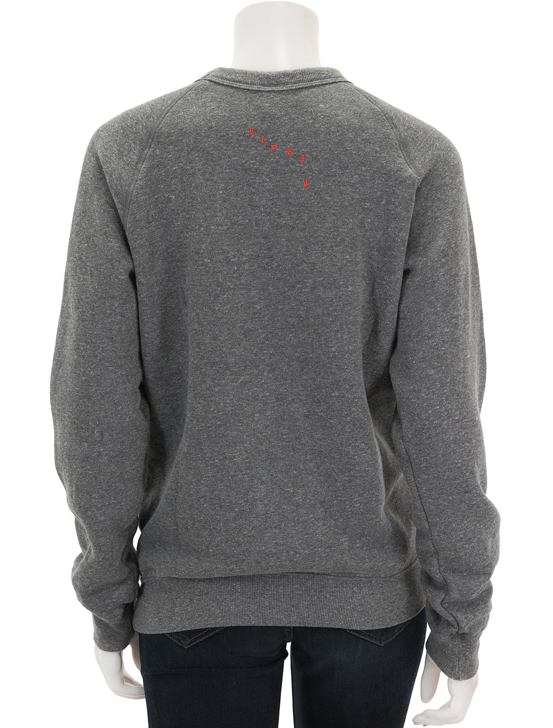 Back view of Clare V.'s oui sweatshirt in heather grey and poppy.