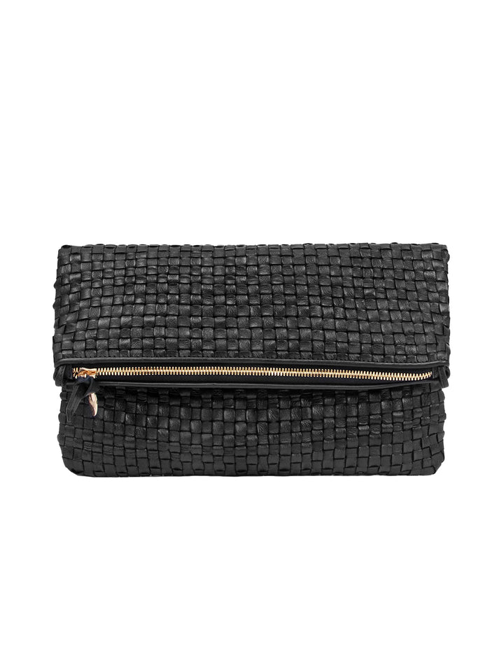 Front view of Clare V.'s foldover clutch with tabs in black woven checker.