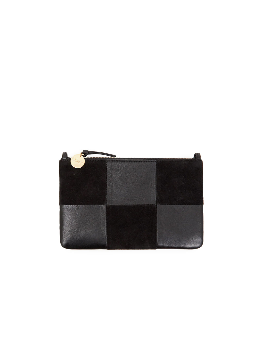 Front view of Clare V.'s wallet clutch with tabs in black suede and nappa patchwork.
