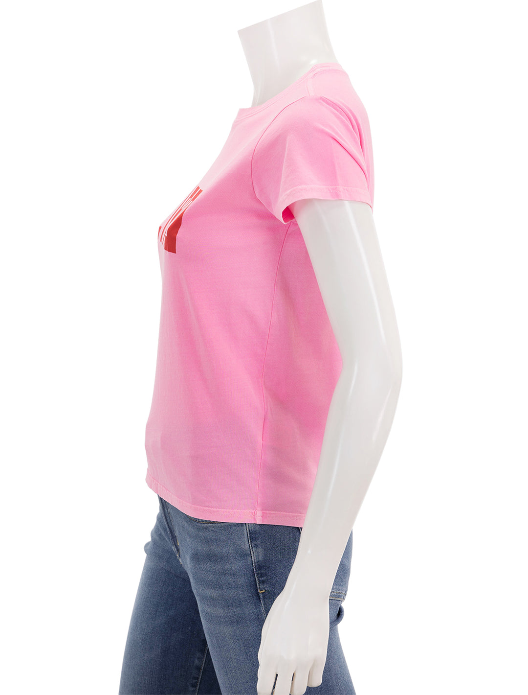 Side view of Clare V.'s ciao tee in neon pink and poppy.