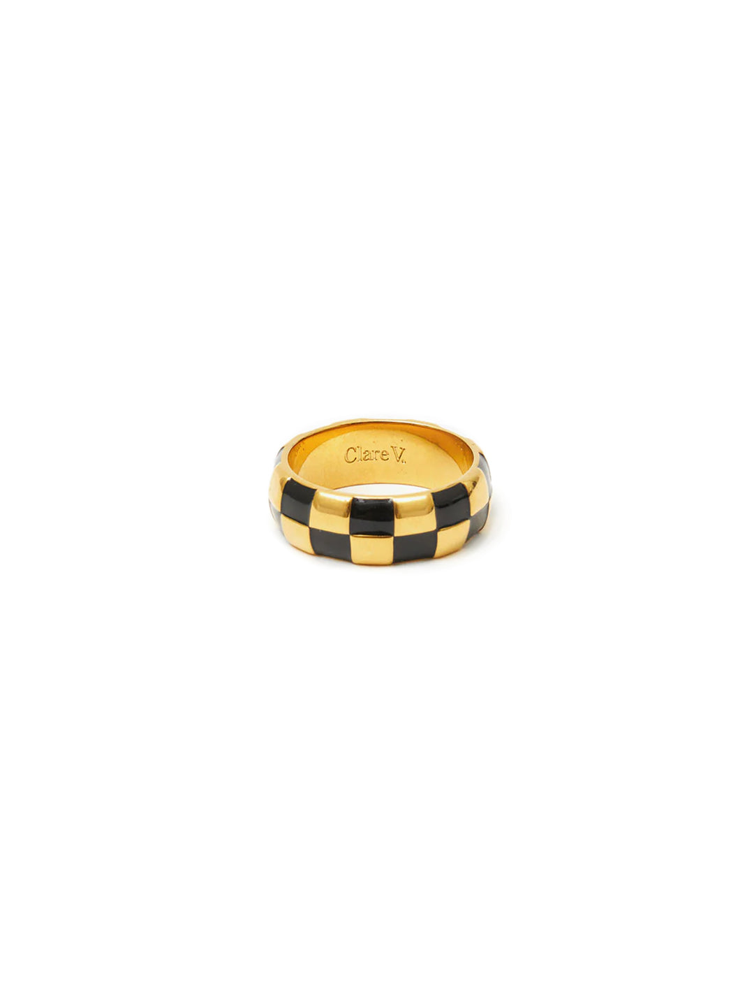 Front view of Clare V.'s black checkered enamel ring.