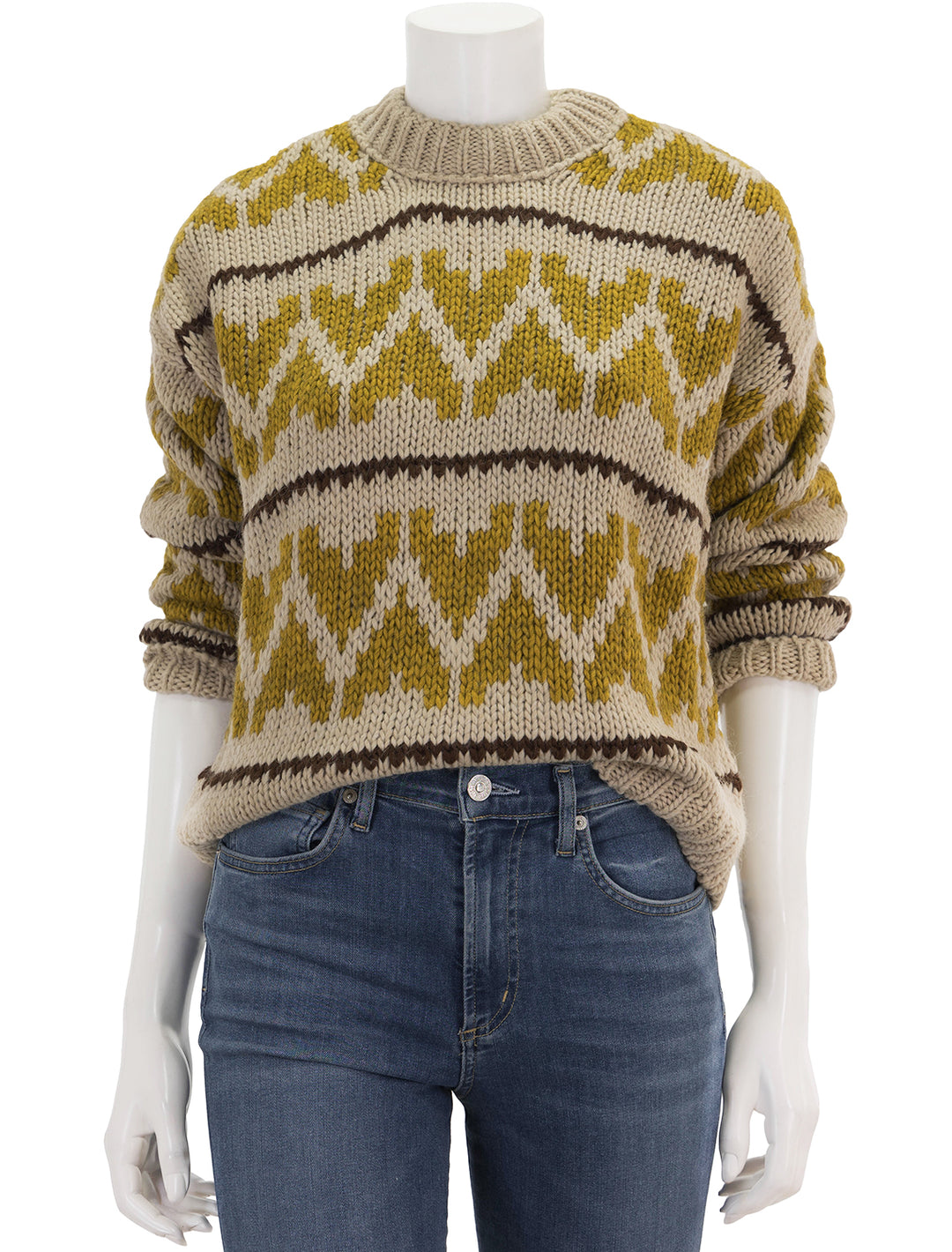 Front view of The Great's the folk pullover in earth tone.