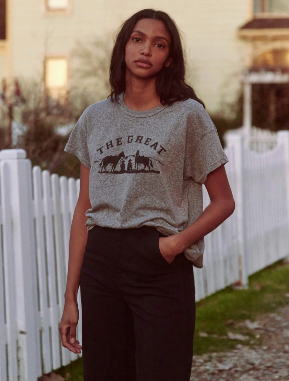 Model wearing The Great's the gaucho boxy crew tee.