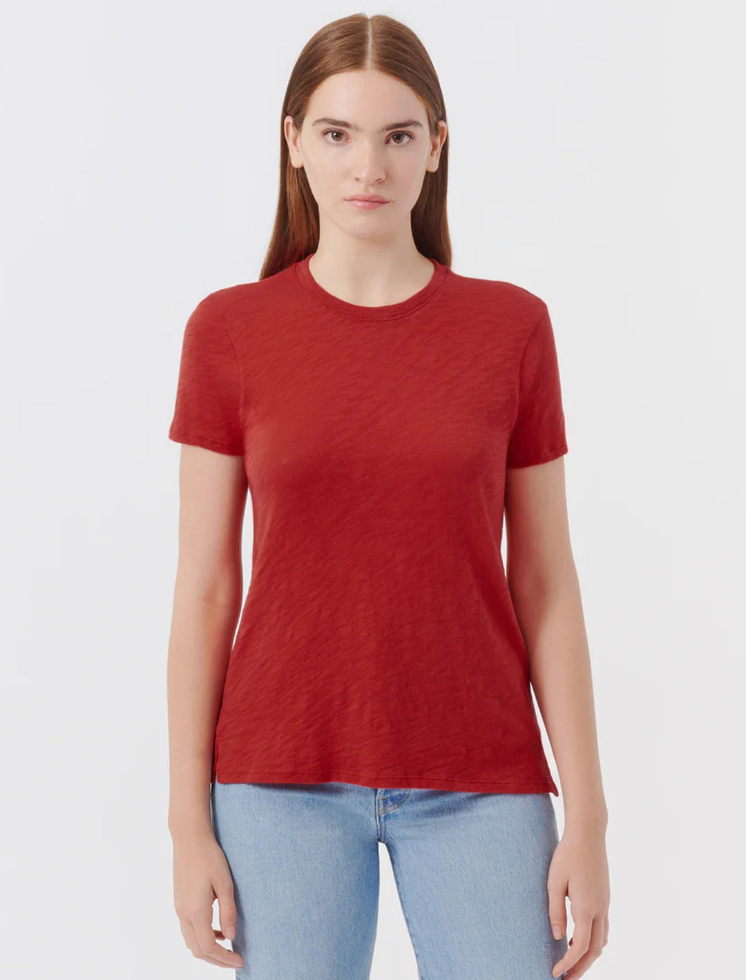 Model wearing ATM's slub jersey schoolboy tee in lipstick.