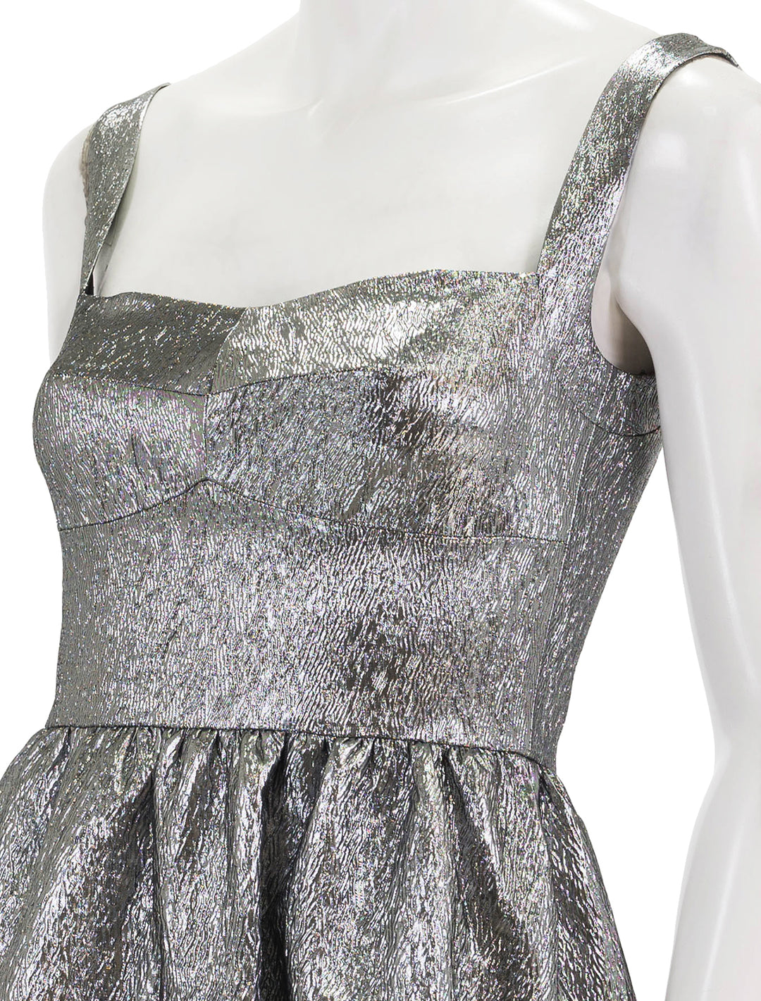 Close-up view of Saloni's rachel mini dress in silver.