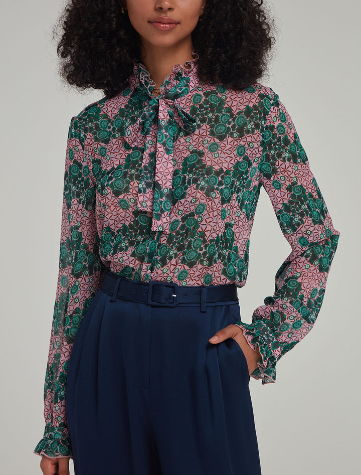 Model wearing Saloni's emile top in akina blush.