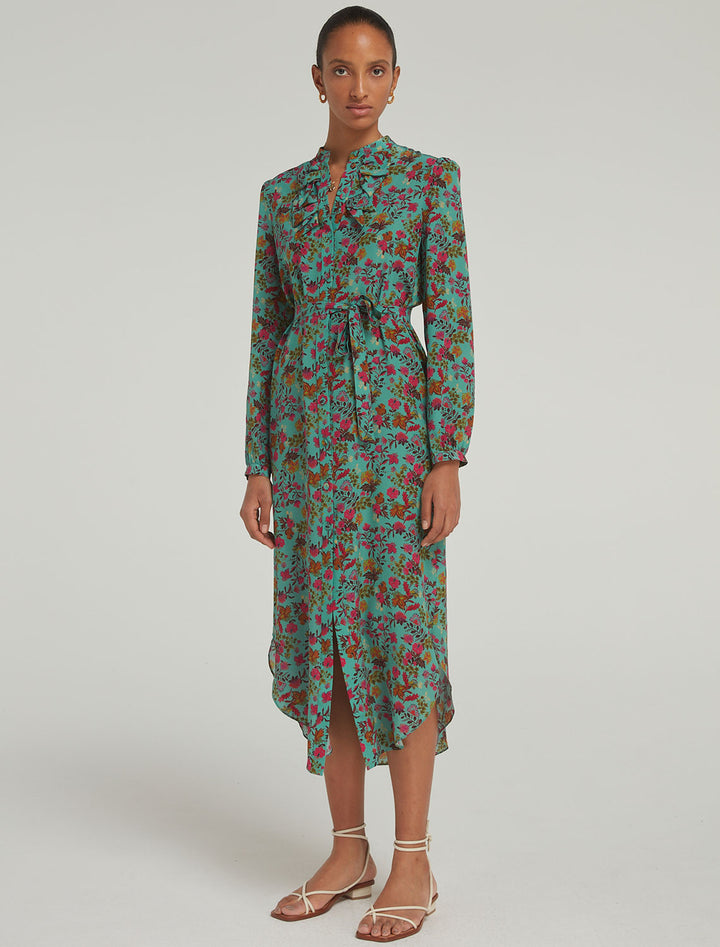 Model wearing Saloni's Sasha Dress in Flori Sky.