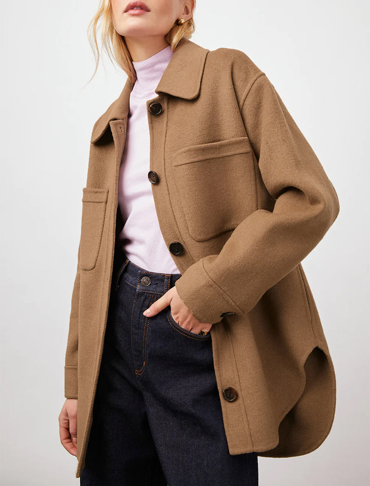model wearing connie jacket in camel