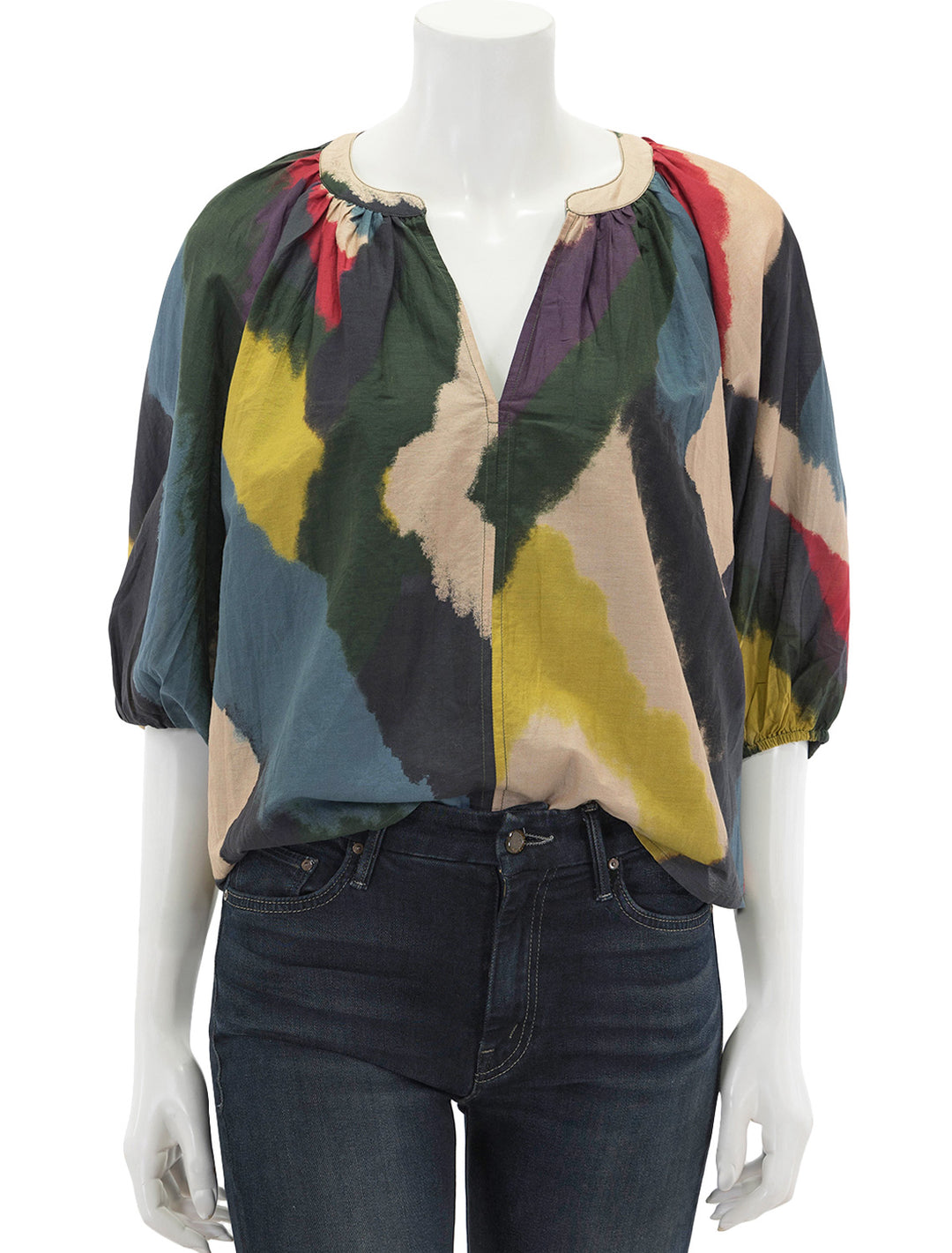 Front view of Velvet's lizette top in chai multi.
