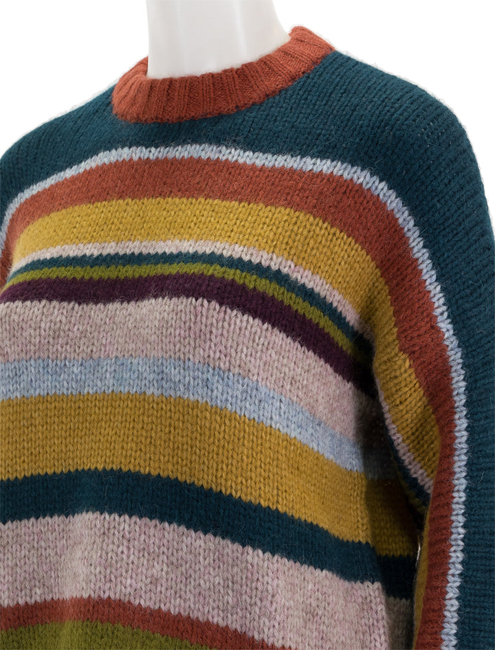 Close-up view of Velvet's samara pullover in multi stripe.