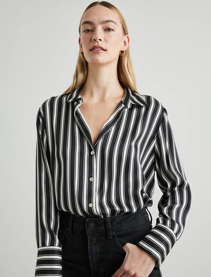 Model wearing Rails' the dorian blouse in melrose stripe.