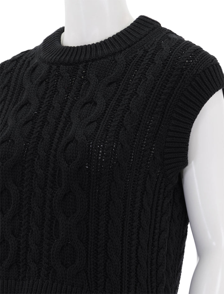 Close-up view of Velvet's hadden cable vest in black.