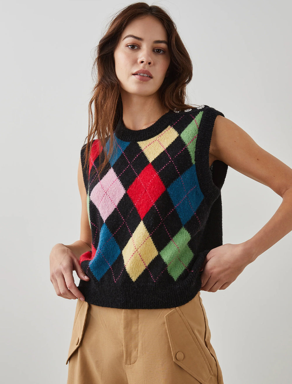 Model wearing Rails' christie argyle vest.