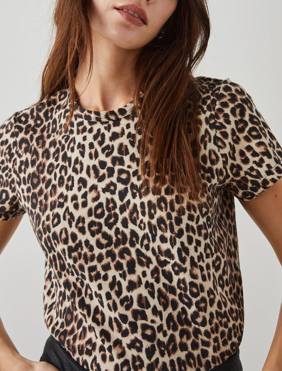 model wearing cheetah crew tee with black jeans