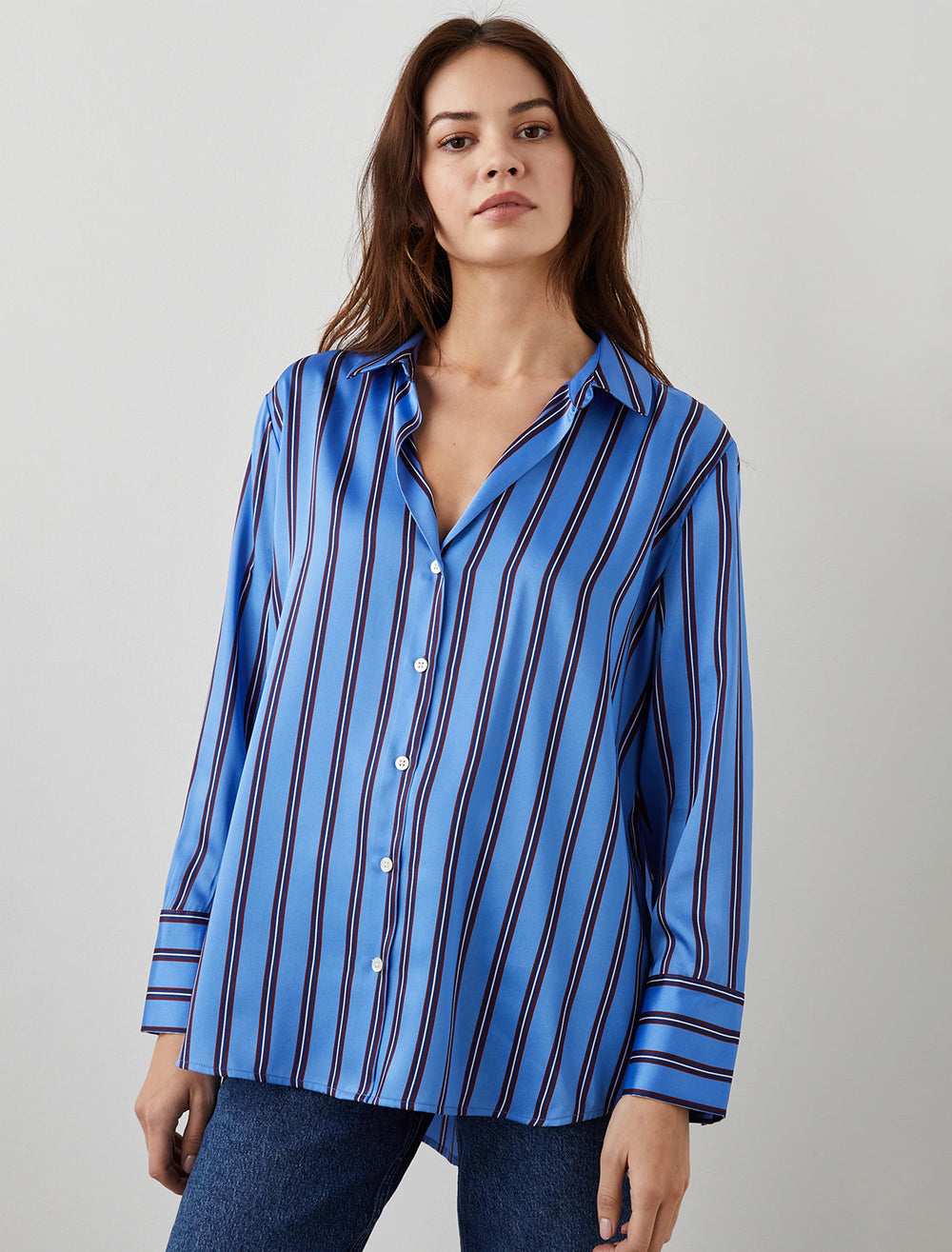 Model wearing Rails' dorian blouse in primrose stripe.