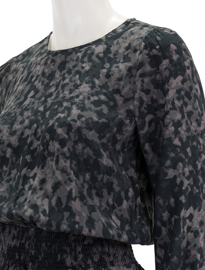 Close-up view of Rails' inez dress in charcoal tortoise.