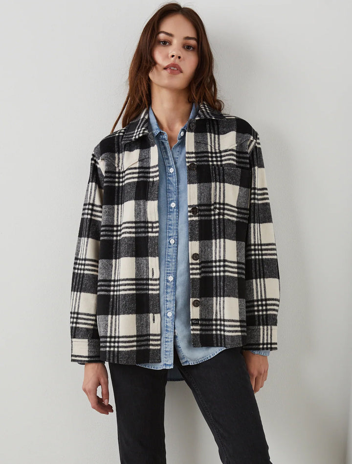 Model wearing Rails' tripp jacket in oyster and black.