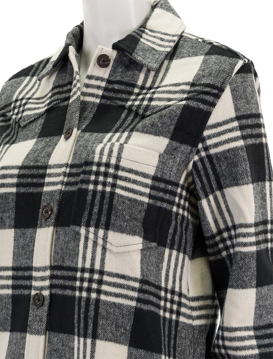 Close-up view of Rails' tripp jacket in oyster and black.