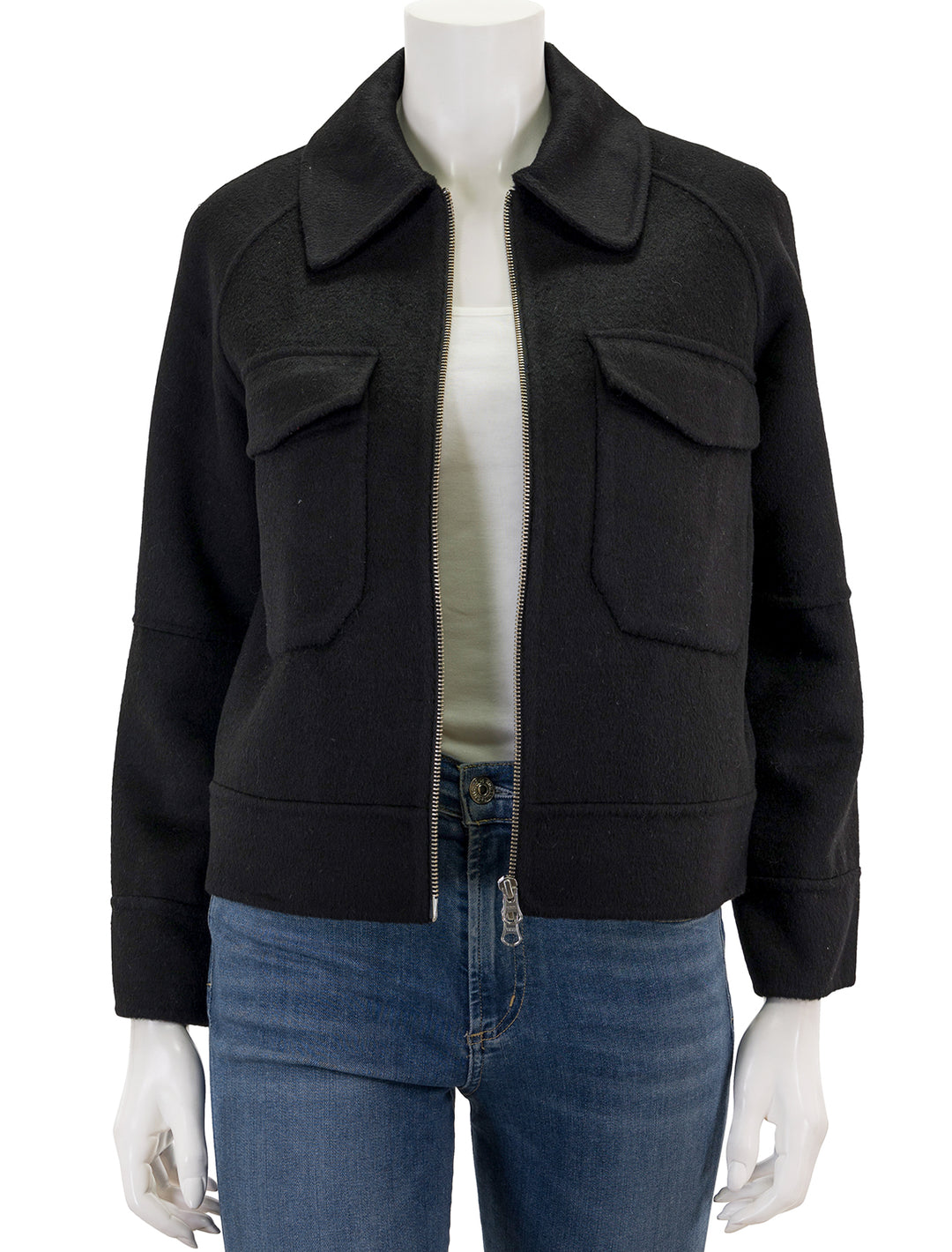 Front view of Rails' cheyenne jacket in black, unzipped.