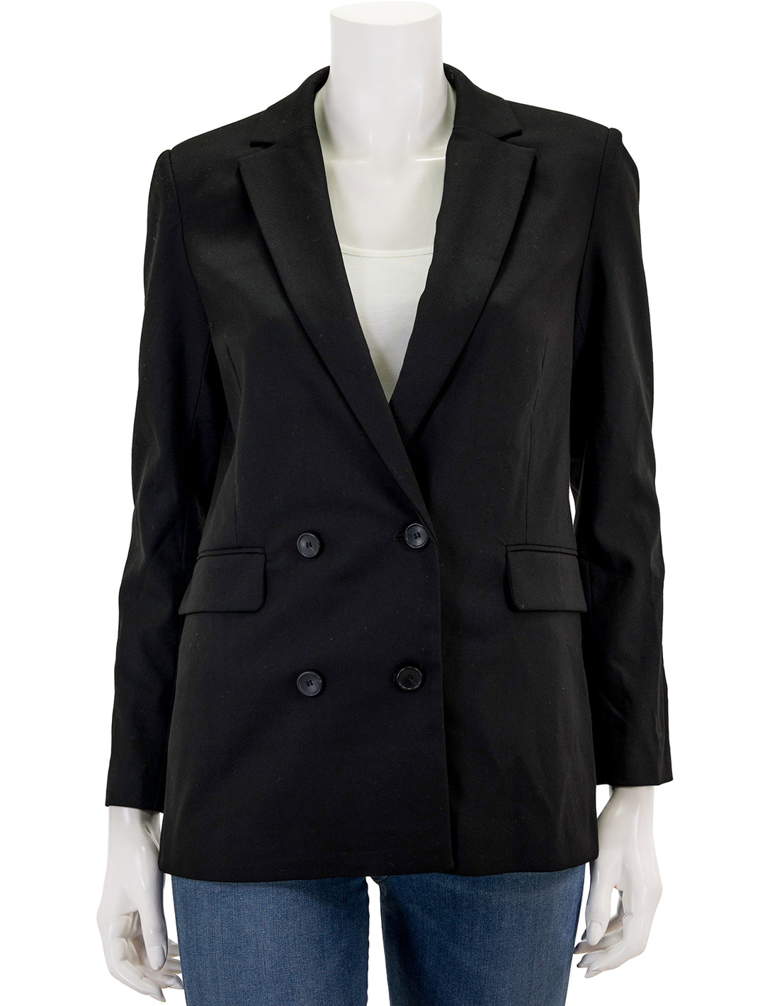 Front view of Rails' jac blazer in black twill, buttoned.
